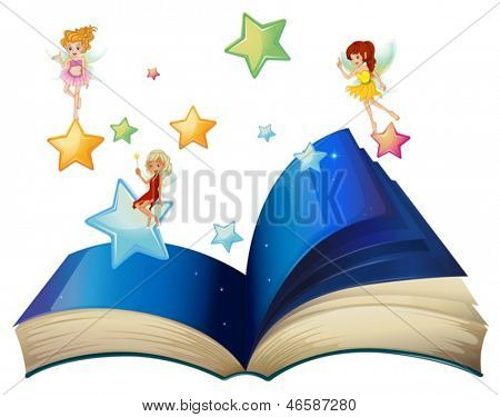 Ilustrace knihy s třemi plovoucí víly na bílém pozadí