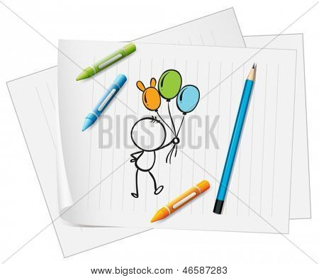 Illustrazione di una carta con il disegno di un bambino con palloncini su un backgr bianco, una matita e pastelli