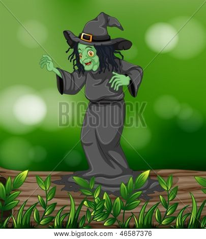 Illustration d'une sorcière effrayante au-dessus d'un tronc