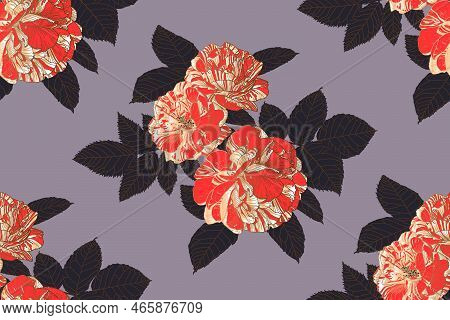 Floral Repeating Pattern Of Roses And Leaves In Grey, White And Red Colors With Bronze Outline On He