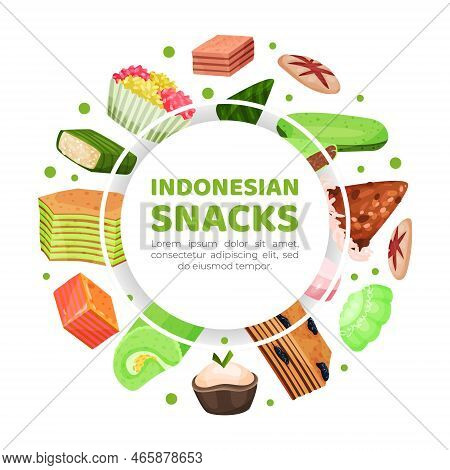 Indonesian Snacks Banner. Traditional Oriental Asian Cuisine Dishes Poster, Card Template Cartoon Ve