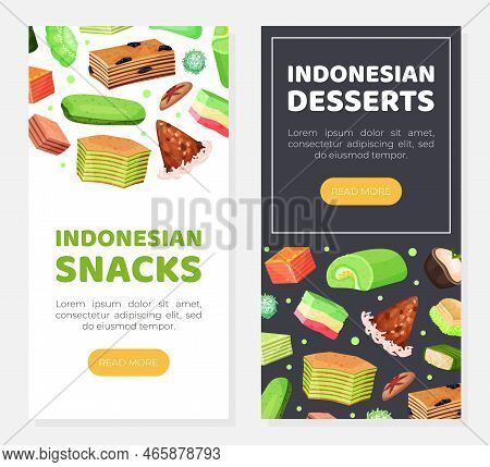 Indonesian Snacks Web Banners Set. Asian Indonesian Desserts Mobile App Cartoon Vector