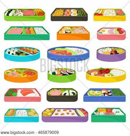 Japanese Bento Lunch Boxes Set. Box Of Rice, Meat, Fish, Vegetables And Egg Cartoon Vector