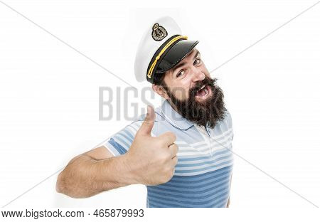 Summer Vacation. Hipster Beard Mustache Sailor Hat. Captain Of Cruise Liner. Brutal Seaman Isolated 