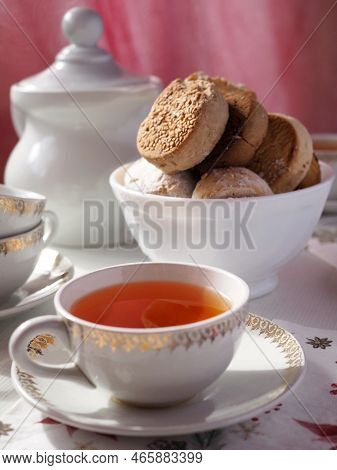 Breakfast With Tea, Polvoronesm And, Mantecados. Vertical Image.