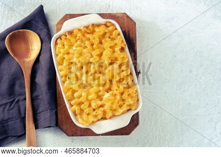 Macaroni And Cheese Pasta In A Casserole Dish, Top Shot. Cheesy American Comfort Food, Baked In The 