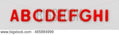 3d Red Plastic Uppercase Letters A, B, C, D, E, F, G, H And I With A Glossy Surface On A Gray Backgr