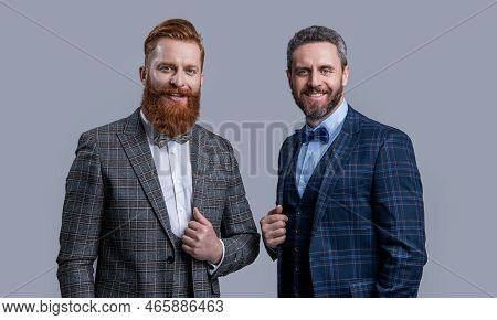Happy Elegant Men In Formal Tux Suit. Tux Men Isolated On Grey Background. Two Men In Tux.