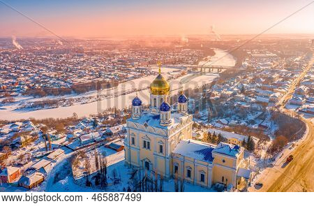 The Main Cathedral Of The City Of Yelets, The Ascension Cathedral, Rises Above The Ancient Russian C