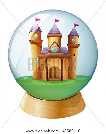 Ilustração de um castelo no interior de uma bola de cristal sobre um fundo branco