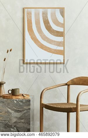Stylish Wabi-sabi Dining Room Interior Design With Mock Up Poster Frame, Marble Cube Coffee Table, A