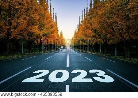 2023 New Year Road Trip Travel And Future Vision Concept . Nature Landscape With Highway Road Leadin