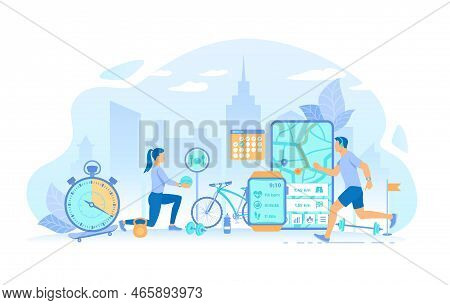 Man And Woman Doing Sports Exercises. Smart Workout, Training, Fitness, Running. Fitness Tracker App