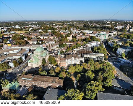 Essen, Germany. Aerial View Of Old Synagogue And Friedenskirche Church.