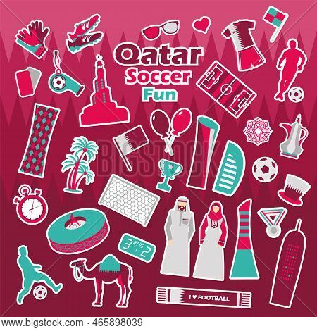 Sticker Pack, Football Sports Competition, Qatar Tourist Icon Set. Doha Background In Color National