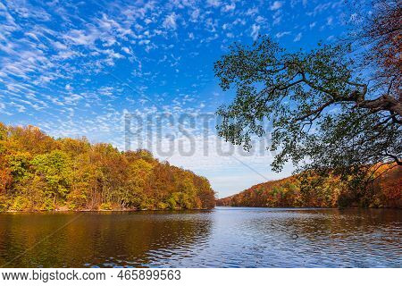 View Over The Lake Schmaler Luzin To A Landscape In Autumn Near Feldberg, Germany.