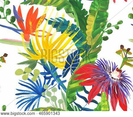 Bright Seamless Pattern With Multicolored Tropical Flowers And Leaves Painted In Drybrush Gouache Fo