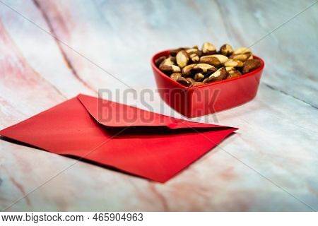 Brazil Nuts In Heart Shape Dish With Envelope Card. Valentine Day Gift For Someone.