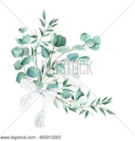 Watercolor Foliage Bouquet With White Lace Bow. Eucalyptus, Gypsophila And Pistachio Branches. Hand 