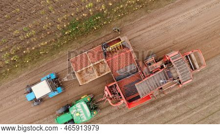 Farm Machinery Harvesting Potatoes. Farmer Field With A Potato Crop.