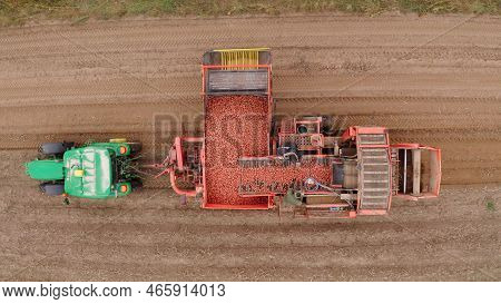 Farm Machinery Harvesting Potatoes. Farmer Field With A Potato Crop.
