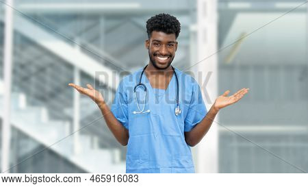 Young African American Male Nurse Or Medical Student With Beard At Hospital