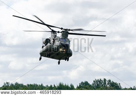 Liepaja, Latvia - August 7, 2022: An Royal Air Force Chinook Helicopter Display Its Flying Potential
