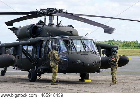 Liepaja, Latvia - August 7, 2022: Sikorsky Uh-60 Black Hawk Helicopter With Pilots Before Take Off F