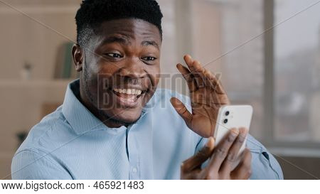 Happy Young African American Guy Businessman Handsome Entrepreneur Man Worker Hold Smartphone Talk B