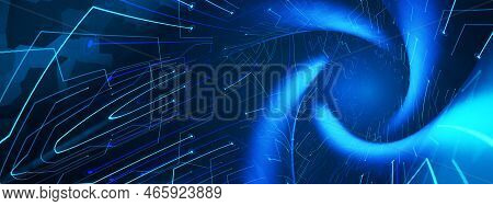 Abstract Futuristic Technology Concept. Fluorescent Ultraviolet Glowing Light Lines. 3d Render.