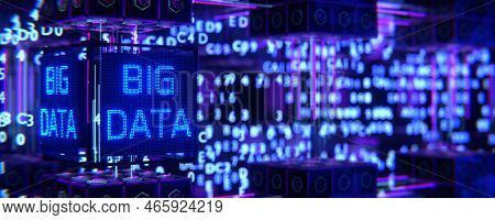 Big Data On Abstract Digital Background. Futuristic Data Warehouse. Big Data Concept. Information Fl