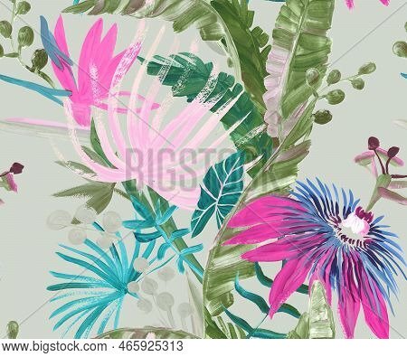 Bright Seamless Pattern With Multicolored Tropical Flowers And Leaves Painted In Drybrush Gouache Fo