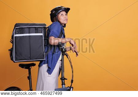 Takeaway Delivery Woman Carrying Takeout Food Backpack, Delivering Pizza Meal To Client, Home Delive