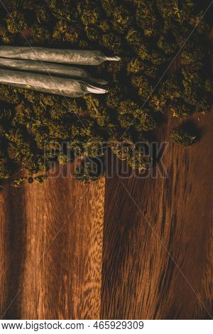 Joints Are On The Table. Three Crossed Joints In Marijuana Buds, Indica Sativa Sbd Medicinal