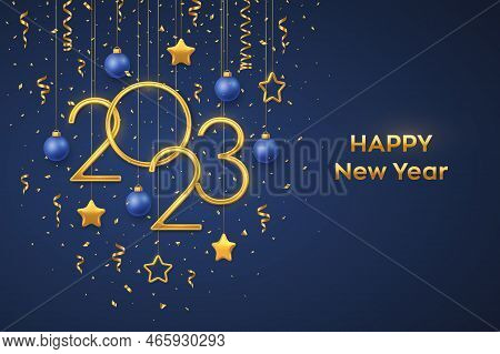 Happy New 2023 Year. Hanging Golden Metallic Numbers 2023 With Shining 3d Metallic Stars, Balls And 