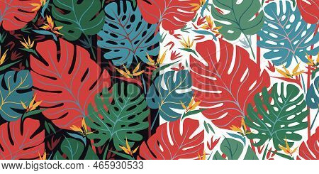 Seamless Vector Tropical Pattern With Monstera Leaves And Strelitzia Flowers. Set Of Multicolored Fl
