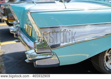 Nisswa, Mn - 30 Jul 2022: Rear Tailfin Of A Restored Classic 1957 Chevrolet Bel Air Automobile, In C