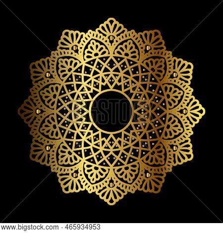 Elegant, Luxury Ornamental Mandala Design In Gold Colour On Black Background. Mandala With Floral Pa