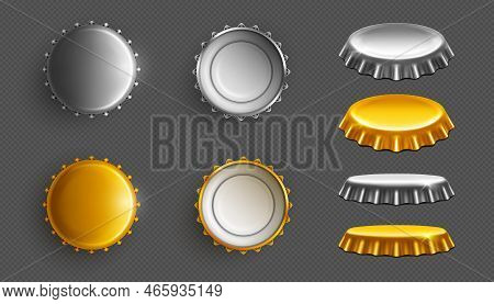 Beer Bottle Caps, Gold And Silver Lids For Glass Containers Top, Bottom And Front View. Realistic Co