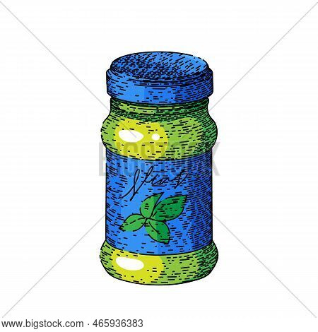 Pesto Bottle Hand Drawn Vector. Basil Food, Herb Glass, Green Oil, Jar Cooking, Sauce Cuisine, Homem