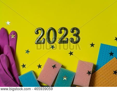 2023 On Yellow Background With Copy Space. Housework, Housekeeping And Household Concept - Cleaning 