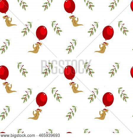 Seamless Pattern. Christmas Background. Cute Kawaii Kangaroo With  Air Balloon.