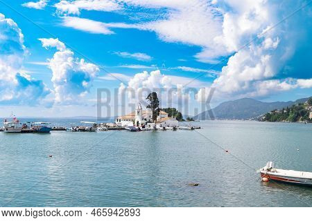 View Of Vlacherna Monastery Island, Kanoni, Corfu Ialand Greece
