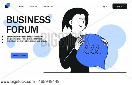 Business Forum And Woman Holding Bubble Chat Vector Illustration Concept. Person Communication And S