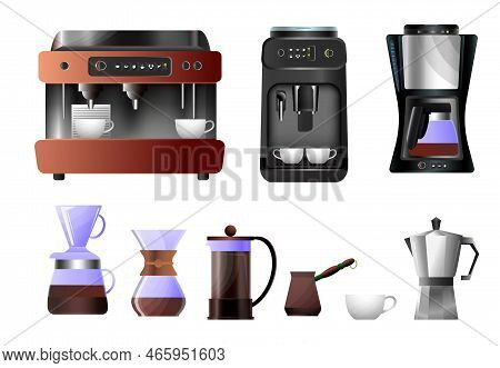 Coffee Equipment Flat Gradient Set With Automatic Machine Jezve Press Moka Pot Cup Isolated On White