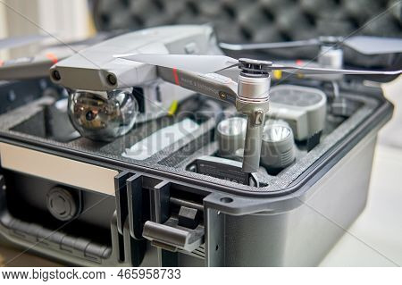 A Drone With A Camera In A Box On A Store Shelf. Sale Of Drones In The Market. Exhibition Of Profess