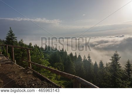 View From  Serak In Jeseniky Mountains On A Summer Foggy Morning And  Sea Of Clouds Around Mountain 