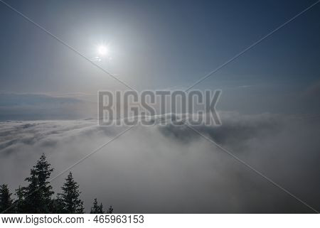 View From  Serak In Jeseniky Mountains On A Summer Foggy Morning And  Sea Of Clouds Around Mountain 