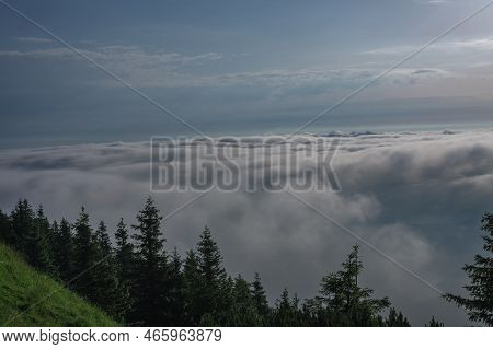 View From  Serak In Jeseniky Mountains On A Summer Foggy Morning And  Sea Of Clouds Around Mountain 