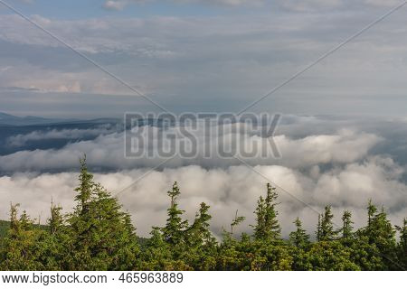View From  Serak In Jeseniky Mountains On A Summer Foggy Morning And  Sea Of Clouds Around Mountain 